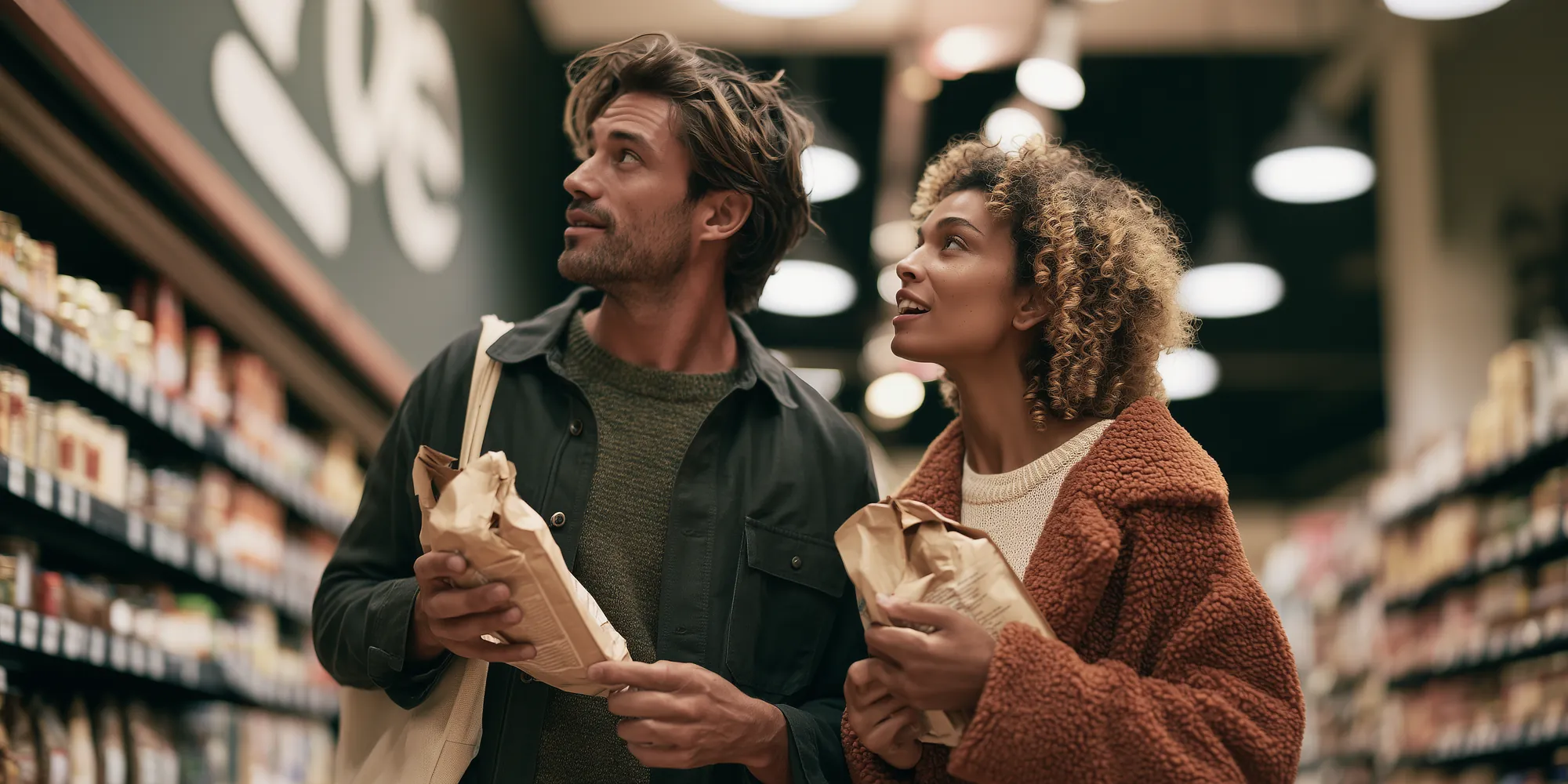 A couple in a supermarket aisle, looking up at the shelf, mid-decision.