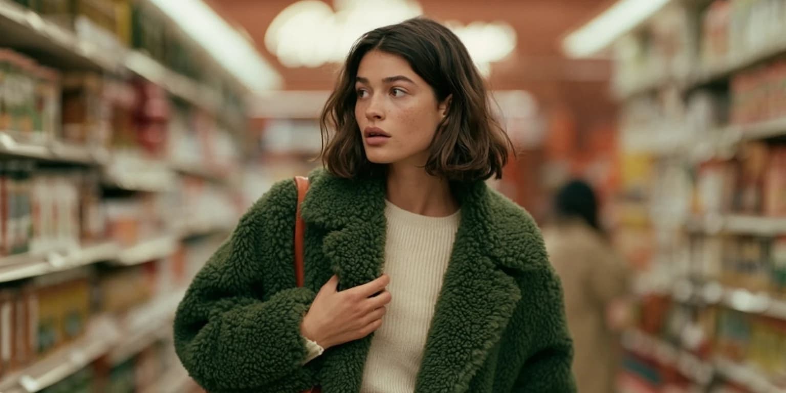 A woman in a green coat in a supermarket aisle, glancing to one side, mid-decision.