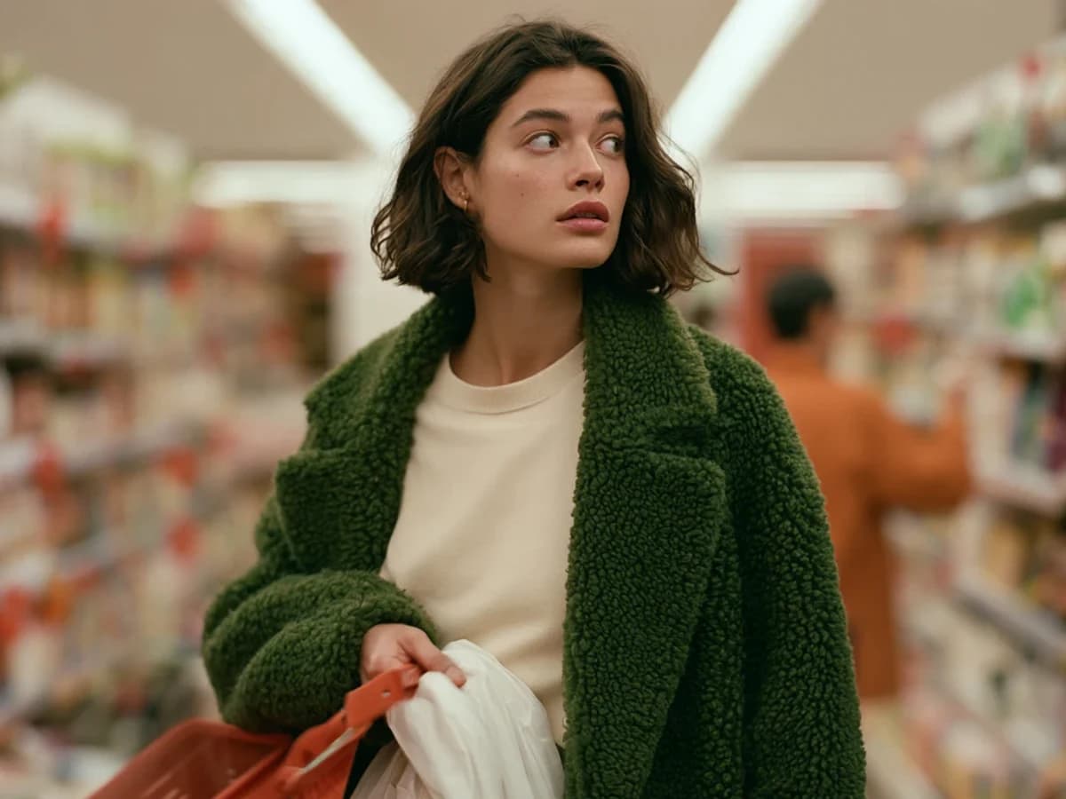 A shopper in a green coat carrying a basket in a supermarket aisle, looking to one side, mid-decision.